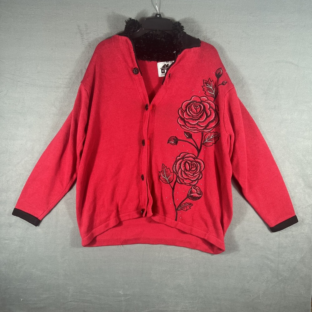 VTG Storybook Knits Women's Red Floral Embroidered Cardigan‎ Sweater Faux Fur
